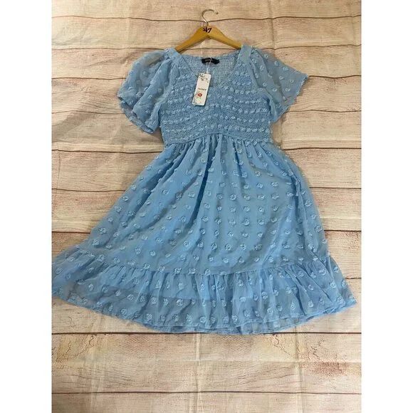 NWT Tecrew Women's Blue Chiffon Short Sleeve Dress - Medium - Picture 6 of 13